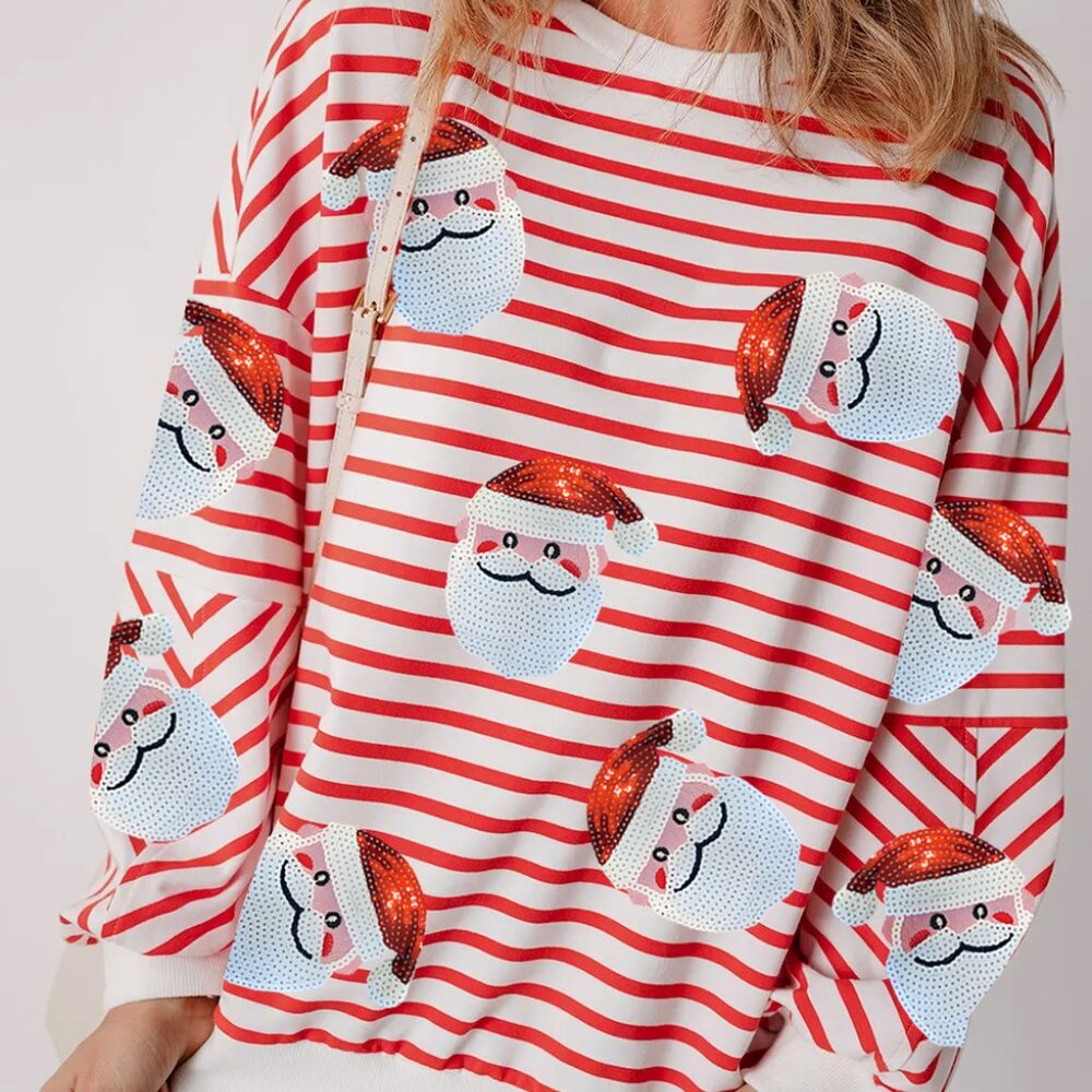 B311 Stripe Sequin Santa Claus Christmas Pullover Sweatshirt - Picture 2 of 5
